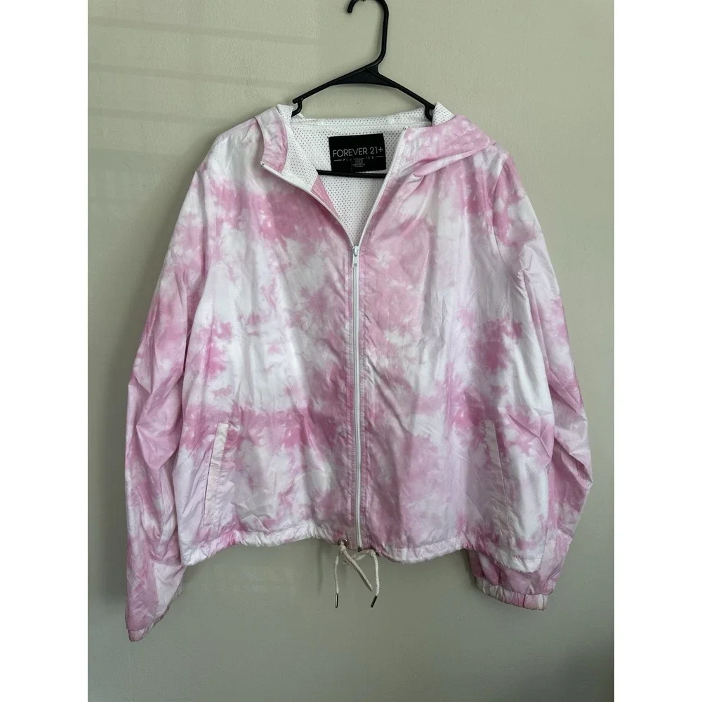 Y2K Tie Dye Pink Lightweight Windbreaker Mesh Sport Women's Hooded Size 2XL